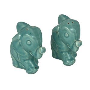 Vintage Ceramic Teal Elephant Salt & Peppers Shakers Trunks Up